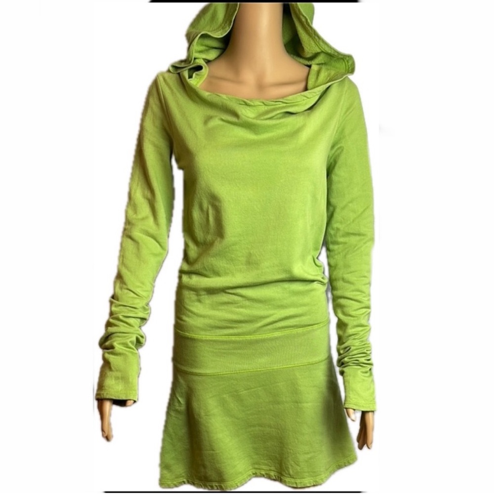 Vintage Green Hooded Tee-shirt Dress Forest Fairy Elfish Flirty Fun Cape Hood